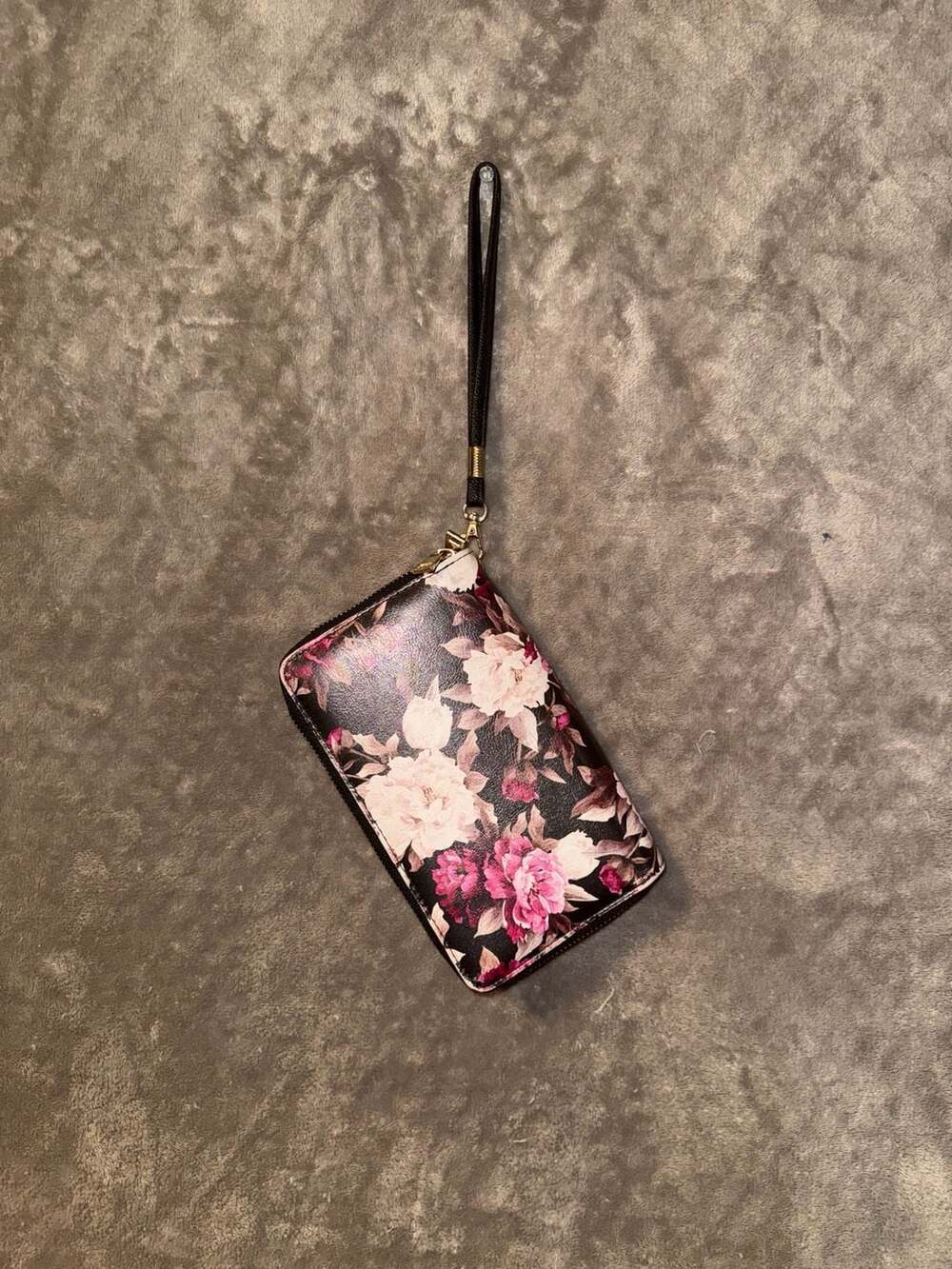 Aldo Womens Wallet Black Floral Zip Around Hardware Card Slots Coin Pocket